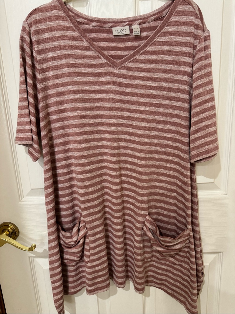 LOGO by Lori Goldstein Dusty Rose and Cream Striped V-Neck